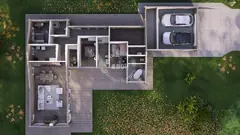 Contemporary three-bedroom glulam home layout, 18 × 16 m