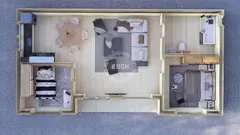 Contemporary two-bedroom log home layout, 10.3 × 6.6 m