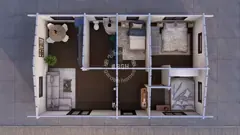 Three-bedroom lodge floor plan, 11 × 6.8 m
