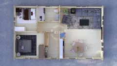 Two-bedroom lodge floor plan, 11 × 6.8 m