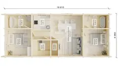 Two-bedroom lodge with sauna, floor plan 17 × 7 m
