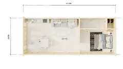 One-bedroom lodge floor plan, 11 × 4.3 m