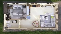 One-bedroom lodge layout, 10 × 5 m
