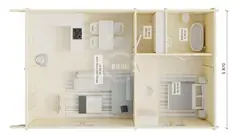 One-bedroom lodge floor plan, 9 × 6 m