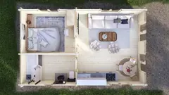 One-bedroom lodge layout, 8 × 5 m