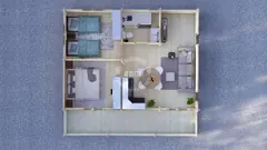 Two-bedroom log home layout, 8 × 6 m