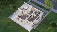 Three-bedroom two-storey glulam log house, 12.7 × 10.8 m — ground-floor layout