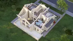 Three-bedroom two-storey glulam log house, 12.7 × 10.8 m — first-floor layout