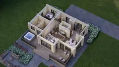 Four-bedroom two-storey glulam log house with sauna, 11.5 × 8.2 m — ground-floor layout: sauna, bedroom, and open-plan living, kitchen and dining