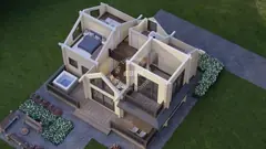 Four-bedroom two-storey glulam log house with sauna, 11.5 × 8.2 m — first-floor layout