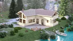 Three-bedroom two-storey angled glulam log house, 18.1 × 5.4 m — exterior