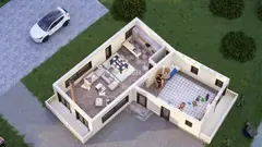 Three-bedroom two-storey angled glulam log house, 18.1 × 5.4 m — ground-floor layout