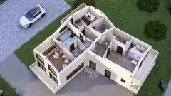 Three-bedroom two-storey angled glulam log house, 18.1 × 5.4 m — first-floor layout