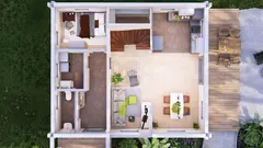 Three-bedroom two-storey glulam log house, 9.7 × 8.2 m — ground-floor layout