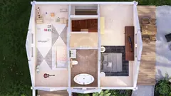 Three-bedroom two-storey glulam log house, 9.7 × 8.2 m — first-floor layout