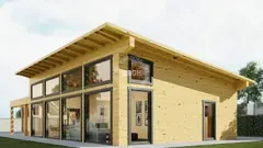 Four-bedroom single-storey glulam log house with office annexe, 23.6 × 8.4 m — exterior