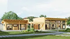 Four-bedroom single-storey glulam log house with office annexe, 23.6 × 8.4 m — second exterior view