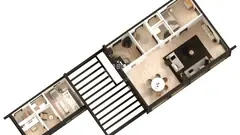Four-bedroom single-storey glulam log house with office annexe, 23.6 × 8.4 m — layout: two blocks linked by a covered walkway