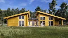 Three-bedroom single-storey two-winged glulam log house, 22.7 × 16.7 m — exterior