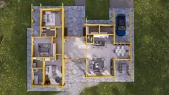 Three-bedroom single-storey two-winged glulam log house, 22.7 × 16.7 m — layout: sleeping and living wings around a courtyard