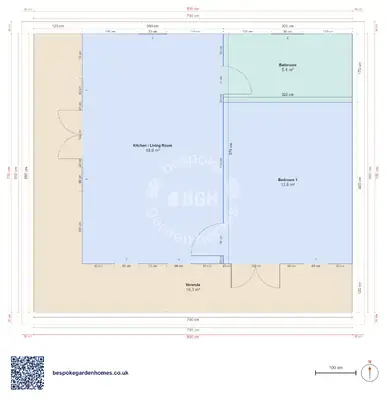 1 bedroom, 7.9 × 6.9 m