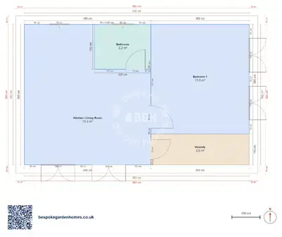 1 bedroom, 8 × 5 m