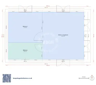 1 bedroom, 8 × 5 m