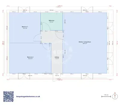 2 bedrooms, 11 × 6.8 m