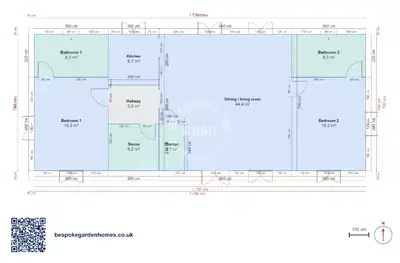 2 bedrooms with sauna, 17 × 7 m